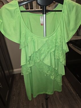 No Boundaries Bright Green Ruffle & Lace Scoop Neck Tunic